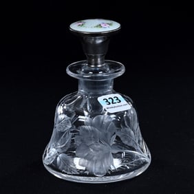 Perfume Bottle, Bell Shape, American Brilliant Cut Glass, Engraved Rose Branch Decor