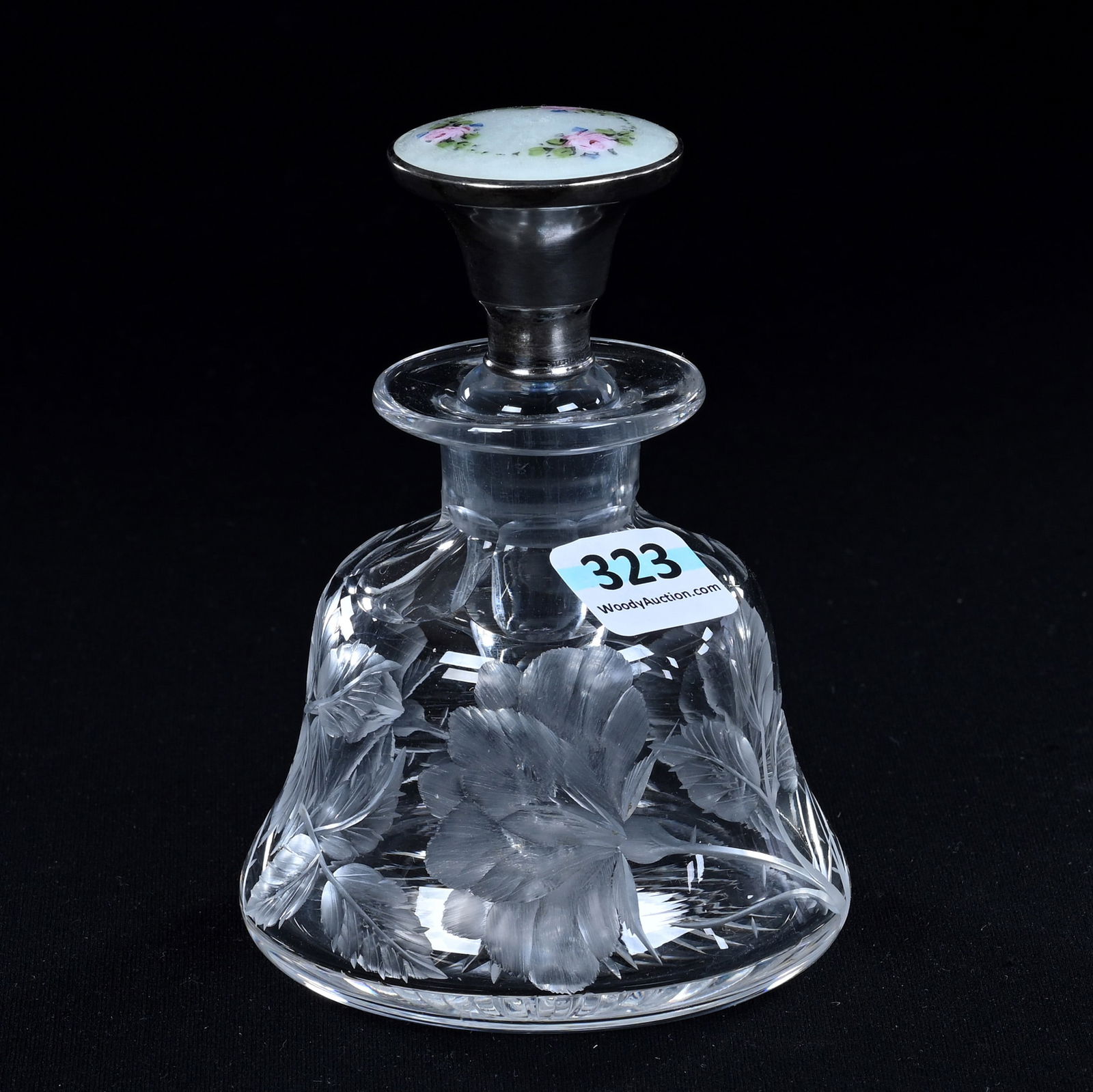 Perfume Bottle, Bell Shape, American Brilliant Cut Glass, Engraved Rose Branch Decor (1 of 5)