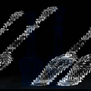 (2) Decanters, American Brilliant Cut Glass, Flute Pattern, Six-Sided,: (2) Decanters, American Brilliant Cut Glass, Flute Pattern, Six-Sided, Double Goose Neck, Pattern Matched Stoppers, (1) 11", (1) 10.5", Eleanor Eulau Collection.