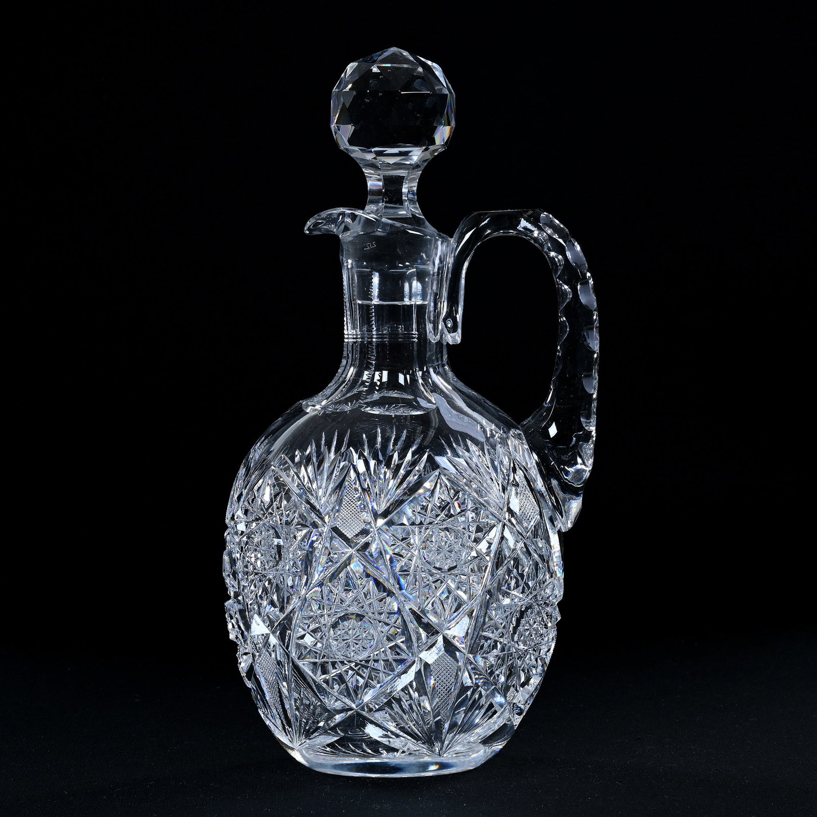 Ovoid Decanter, American Brilliant Cut Glass, Hobstar, Strawberry Diamond And Fan Motif: Ovoid Decanter, American Brilliant Cut Glass, Hobstar, Strawberry Diamond And Fan Motif, 10.5" x 5" x 3.25", Original Numbered Stopper, Ray Cut Base, Eleanor Eulau Collection.