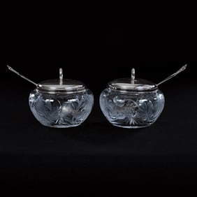 (2) Jam Jars, American Brilliant Cut Glass, Each With Sterling Silver Lid