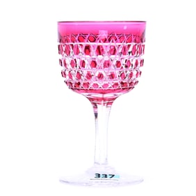 Wine Stem, American Brilliant Cut Glass, Cranberry Cut To Clear, Hob Diamond Pattern Attributed To