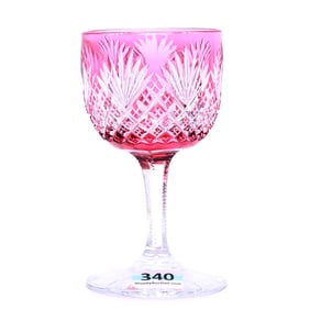 Wine Stem, American Brilliant Cut Glass, Cranberry Cut To Clear, Crosscut Diamond And Fan Motif