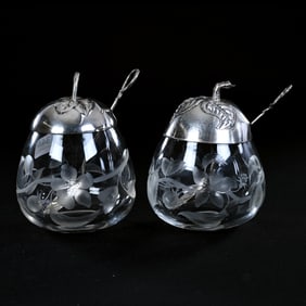Pair Pear Shaped Jam Jars, BPCG, Both Feature Embossed Figural Sterling Silver Lids