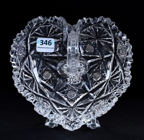 Handled Nappy, Heart Shape, American Brilliant Cut Glass, Hobstar And Notched Fan Motif