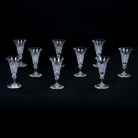(9) Sherry Stems, American Brilliant Cut Glass, Crosscut Diamond, Strawberry Diamond And Fan Motif