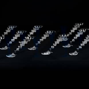 (9) Sherry Stems, American Brilliant Cut Glass, Crosscut Diamond, Strawberry Diamond And Fan Motif: (9) Sherry Stems, American Brilliant Cut Glass, Crosscut Diamond, Strawberry Diamond And Fan Motif, 4.5" x 2.25", Ray Cut Foot, Eleanor Eulau Collection.