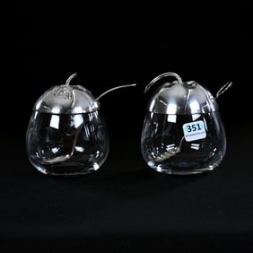 (2) Jam Jars, Pear Shape, Not Matching, Clear Uncut Body With Figural Sterling Silver Lid, One
