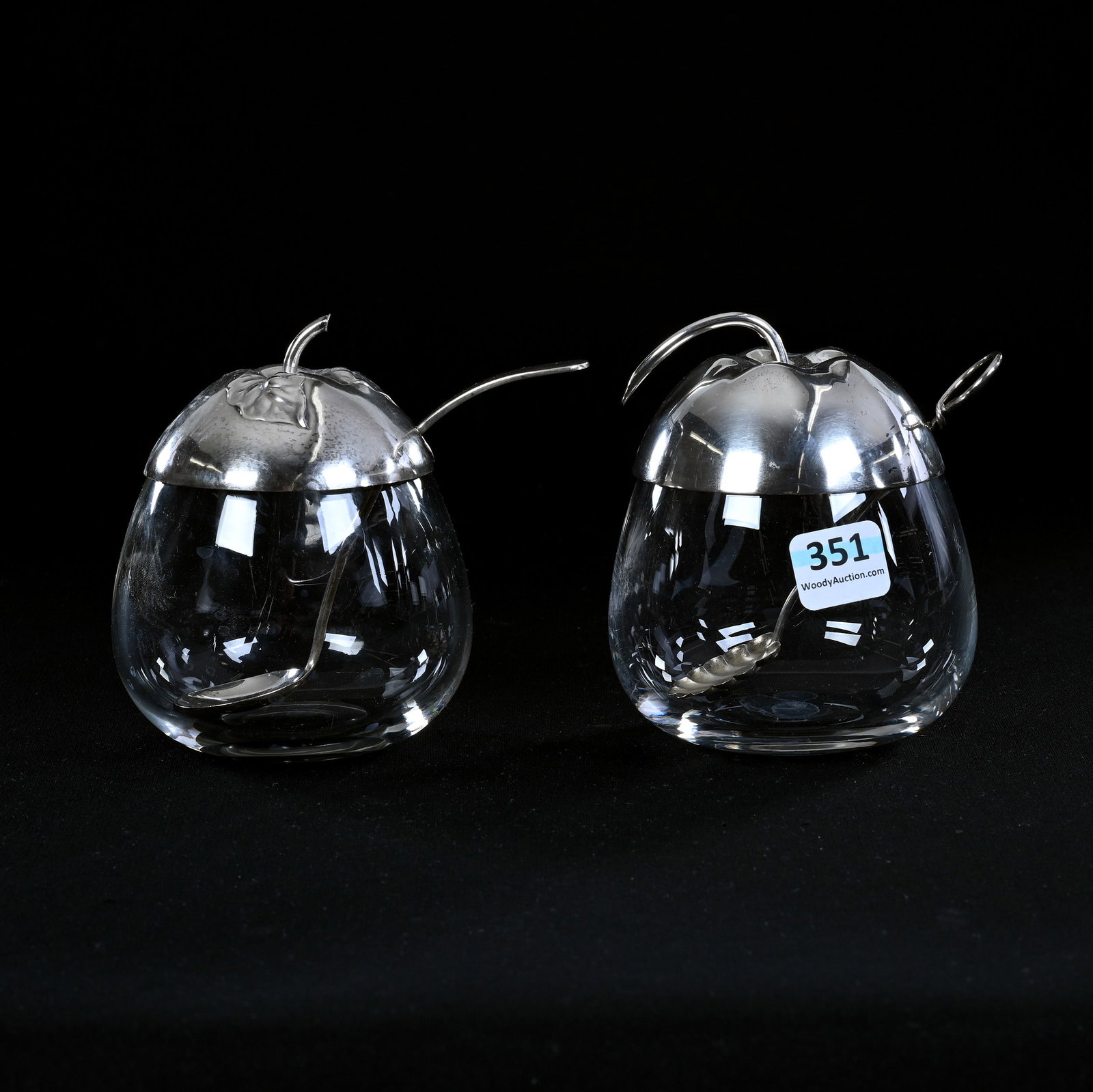 (2) Jam Jars, Pear Shape, Not Matching, Clear Uncut Body With Figural Sterling Silver Lid, One (1 of 6)