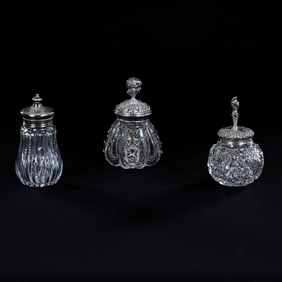 (3) Mucilage Jars, American Brilliant Cut Glass, All With Embossed Sterling Silver Lids