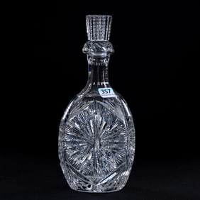 Decanter, Three-Sided, American Brilliant Cut Glass, Sunburst Pattern, Prism And Fan Highlights