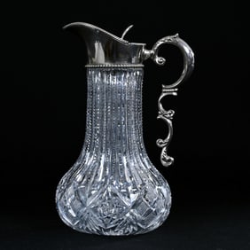 Syrup Pitcher, American Brilliant Cut Glass, Prism Cut Body With Hobstar, Strawberry Diamond And Fan