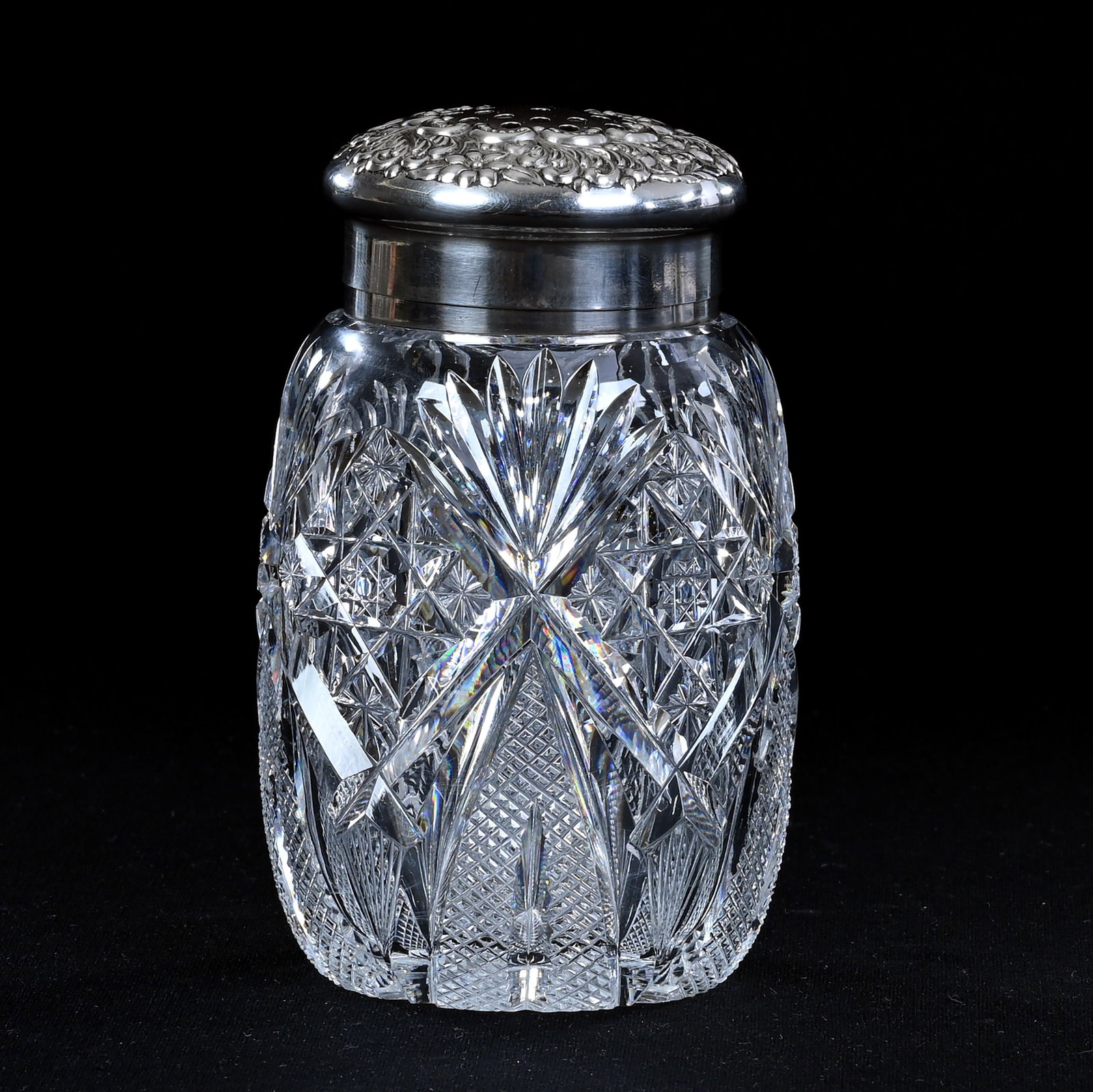 Sugar Shaker, American Brilliant Cut Glass, Pattern Resembles Venetian By Hawkes: Sugar Shaker, American Brilliant Cut Glass, Pattern Resembles Venetian By Hawkes, 4.75" x 3", Sterling Silver Top Marked Wilcox, Ray Cut Base, Eleanor Eulau Collection.