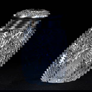 Sugar Shaker, American Brilliant Cut Glass, Pattern Resembles Venetian By Hawkes: Sugar Shaker, American Brilliant Cut Glass, Pattern Resembles Venetian By Hawkes, 4.75" x 3", Sterling Silver Top Marked Wilcox, Ray Cut Base, Eleanor Eulau Collection.