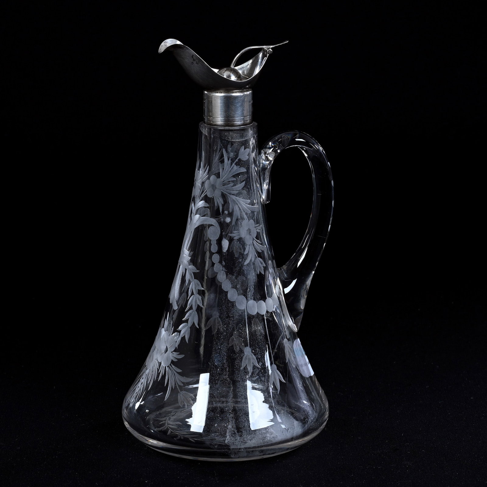 Cruet, Conical Shape, American Brilliant Cut Glass, Engraved Floral Garland Decor By Hawkes: Cruet, Conical Shape, American Brilliant Cut Glass, Engraved Floral Garland Decor By Hawkes, 7" x 4", Sterling Silver Spout With Figural Cherry Stopper Marked Hawkes, Eleanor Eulau Collection.