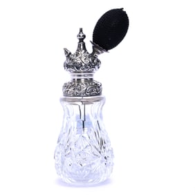 Atomizer, American Brilliant Cut Glass, Hobstar And Fan Motif, Elaborate Embossed Sterling Silver