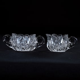 Oval Creamer And Sugar Set, American Brilliant Cut Glass, Hobstar, Strawberry Diamond And Fan Motif