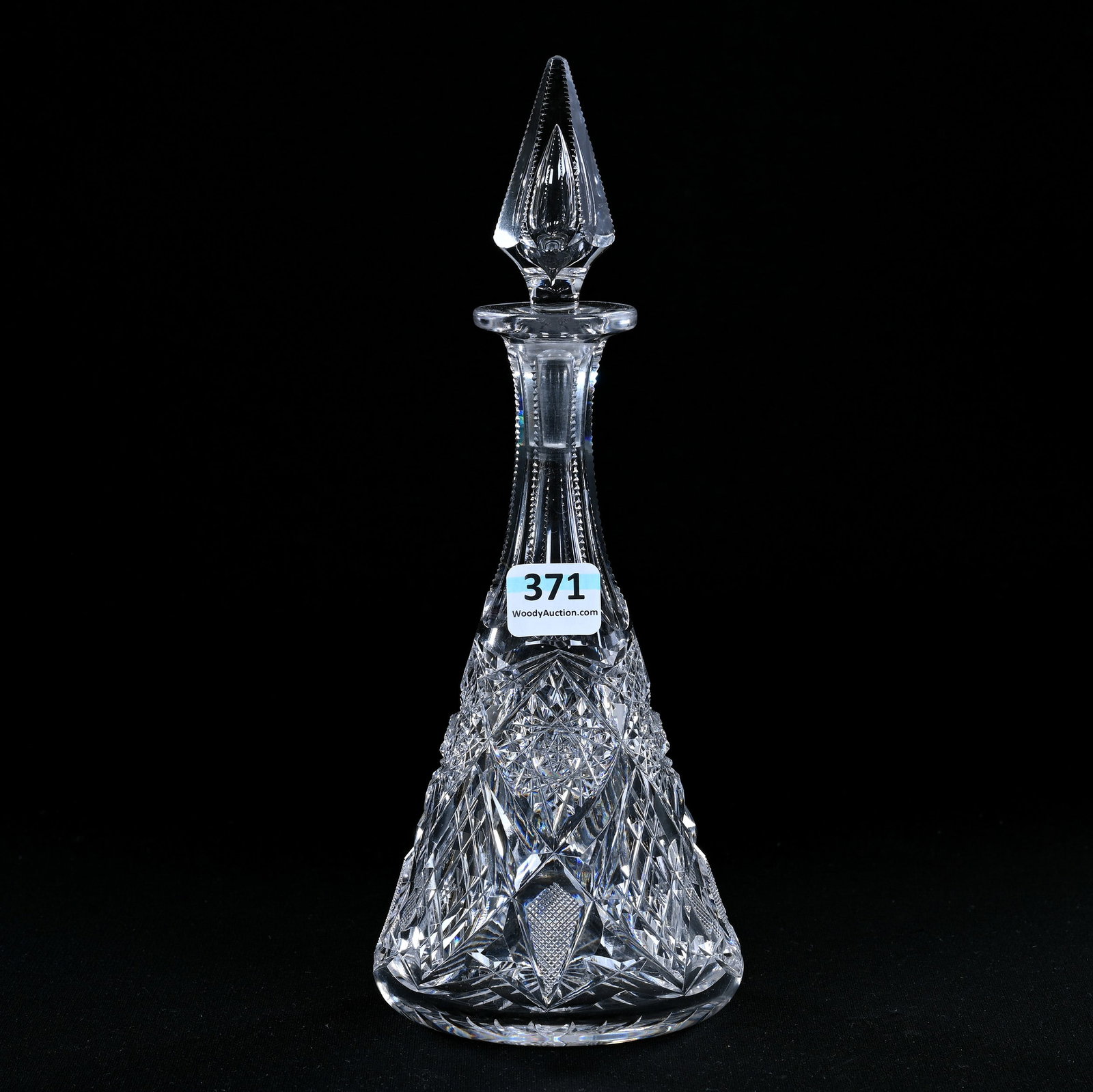 Cordial Decanter, American Brilliant Cut Glass, Hobstar, Crosscut Diamond And Strawberry Diamond: Cordial Decanter, American Brilliant Cut Glass, Hobstar, Crosscut Diamond And Strawberry Diamond Motif, 9" x 3.5", Conical Stopper, Ray Cut Base, Eleanor Eulau Collection.