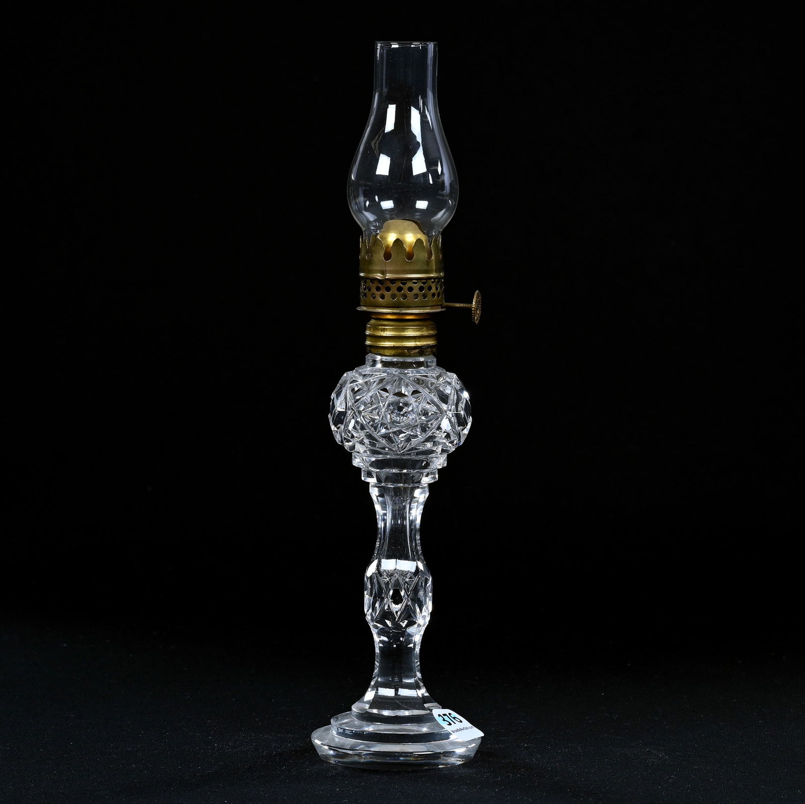 Kerosene Lamp, BPCG, Hobstar And Diamond Cut Motif: Kerosene Lamp, Brilliant Period Cut Glass, Hobstar And Diamond Cut Motif, 10.5" x 2.5", Height Includes Chimney, Eleanor Eulau Collection.