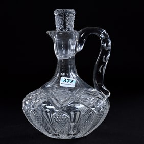 Decanter With Handle, American Brilliant Cut Glass, Alternating Panels Of Nailhead Diamond And