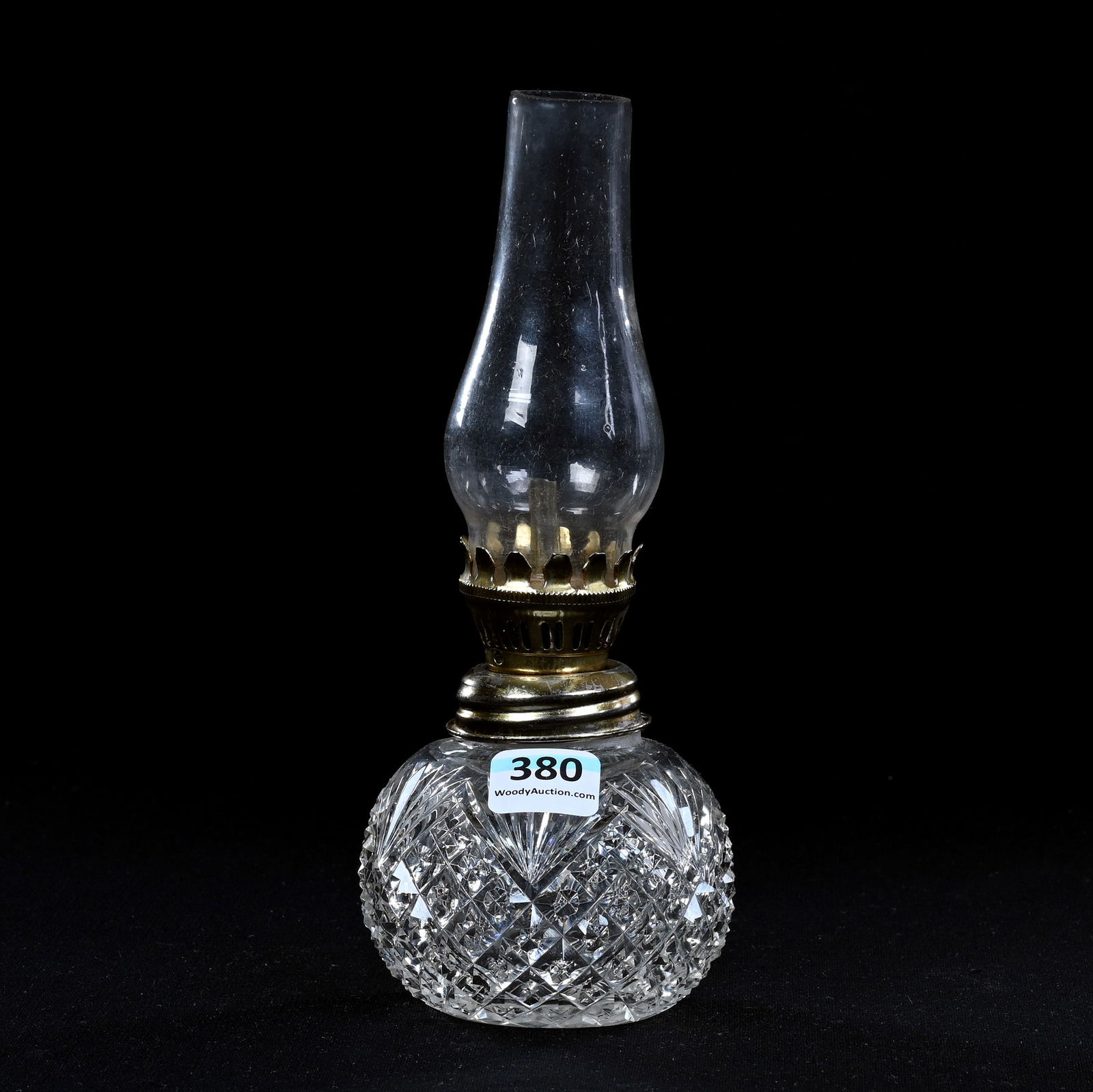 Kerosene Lamp, BPCG, Crosscut Diamond And Fan Motif: Kerosene Lamp, Brilliant Period Cut Glass, Crosscut Diamond And Fan Motif, 4.25" x 3", Total Height With Chimney Is 7.5", Eleanor Eulau Collection.