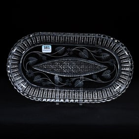 Oval Tray, American Brilliant Cut Glass, Cane Pattern Center With Engraved Floral Highlights