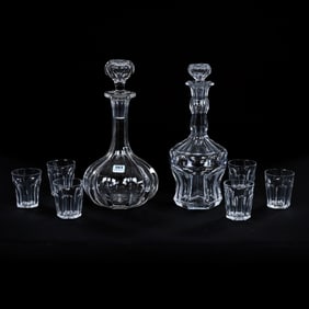 Double Decanter Set, American Brilliant Cut Glass, (2) Flute Pattern Decanters And (6) Whiskey
