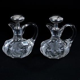 Pair Cruet Bottles, American Brilliant Cut Glass, Flute Pattern With Engraved Vintage Motif