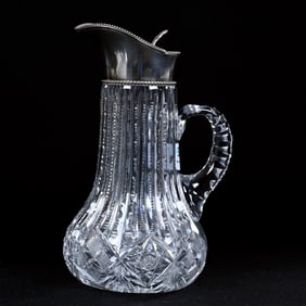 Syrup Pitcher, American Brilliant Cut Glass, Prism Cut Body With Hobstar, Strawberry Diamond And Fan