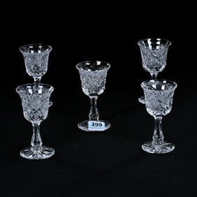 (5) Cordial Stems, American Brilliant Cut Glass, Hobstar, Strawberry Diamond And Fan Motif