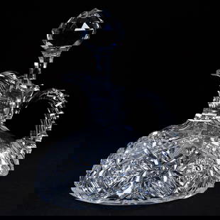 Ship's Decanter, American Brilliant Cut Glass, Hobstar, Strawberry Diamond, Star, Miter And Fan: Ship's Decanter, American Brilliant Cut Glass, Hobstar, Strawberry Diamond, Star, Miter And Fan Motif, 8.25" x 6.5", Ray Cut Base, Some Roughness On Handle, Eleanor Eulau Collection.