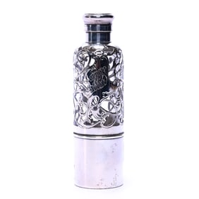Flask, Solid Clear Glass With Elaborate Sterling Silver Overlay Marked Gorham