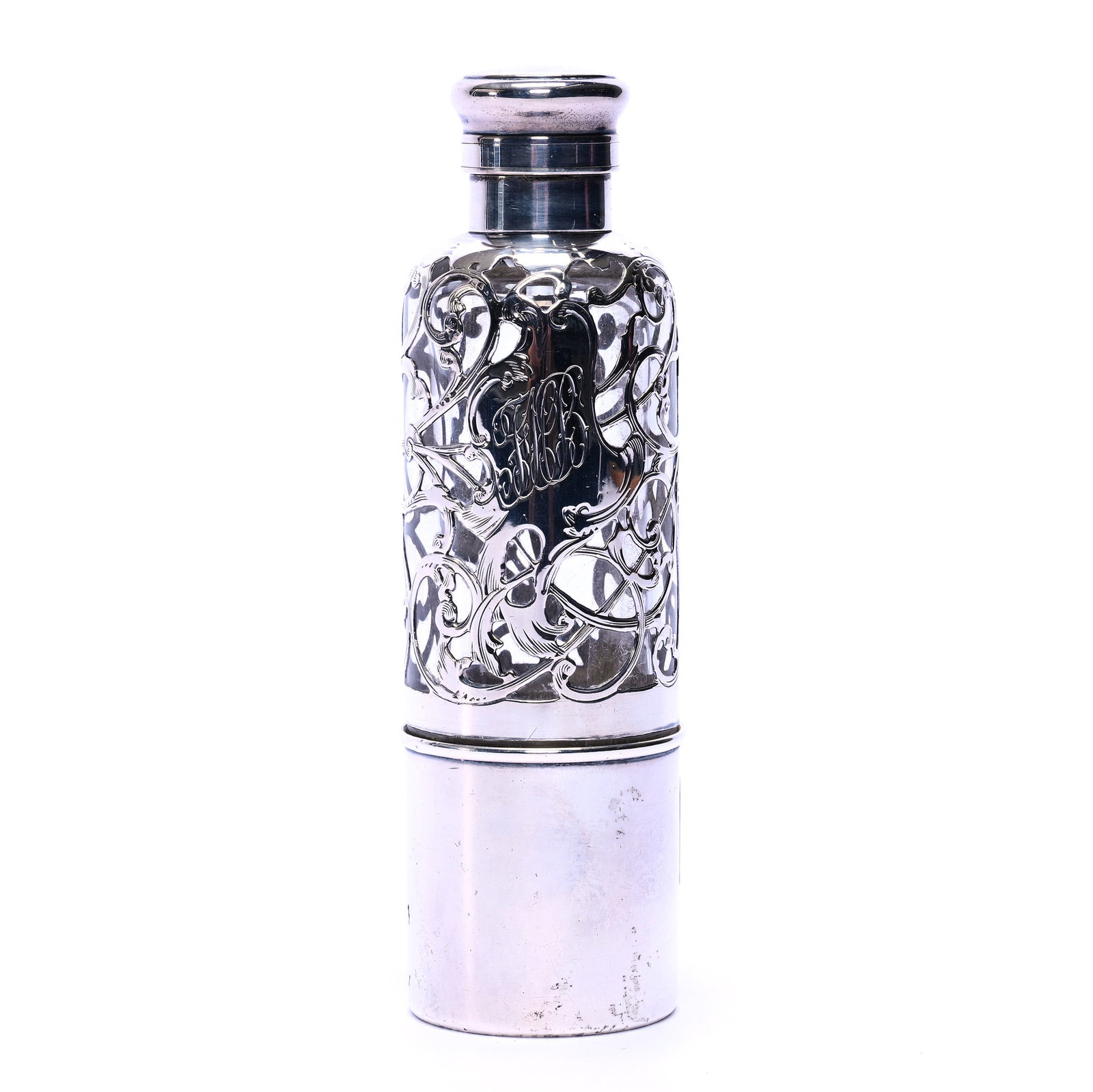Flask, Solid Clear Glass With Elaborate Sterling Silver Overlay Marked Gorham (1 of 5)