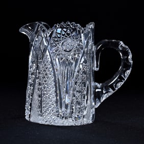 Miniature Pitcher, American Brilliant Cut Glass, Hobstar, Arch, Cane, Nailhead Diamond And