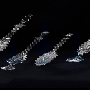 (3) Perfume Bottles, American Brilliant Cut Glass: (3) Perfume Bottles, American Brilliant Cut Glass, (1) 6.25" x 2.25" Pedestal, Crosscut Diamond, Strawberry Diamond, Star And Fan Motif, (1) 4.75" x 2.25" Pedestal, Signed Hawkes Engraved Floral Motif