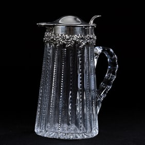 Syrup Pitcher, American Brilliant Cut Glass, Prism Cut Body, Double Notched Handle