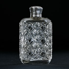 Pocket Flask, American Brilliant Cut Glass, Russian Pattern, Clear Cut Buttons