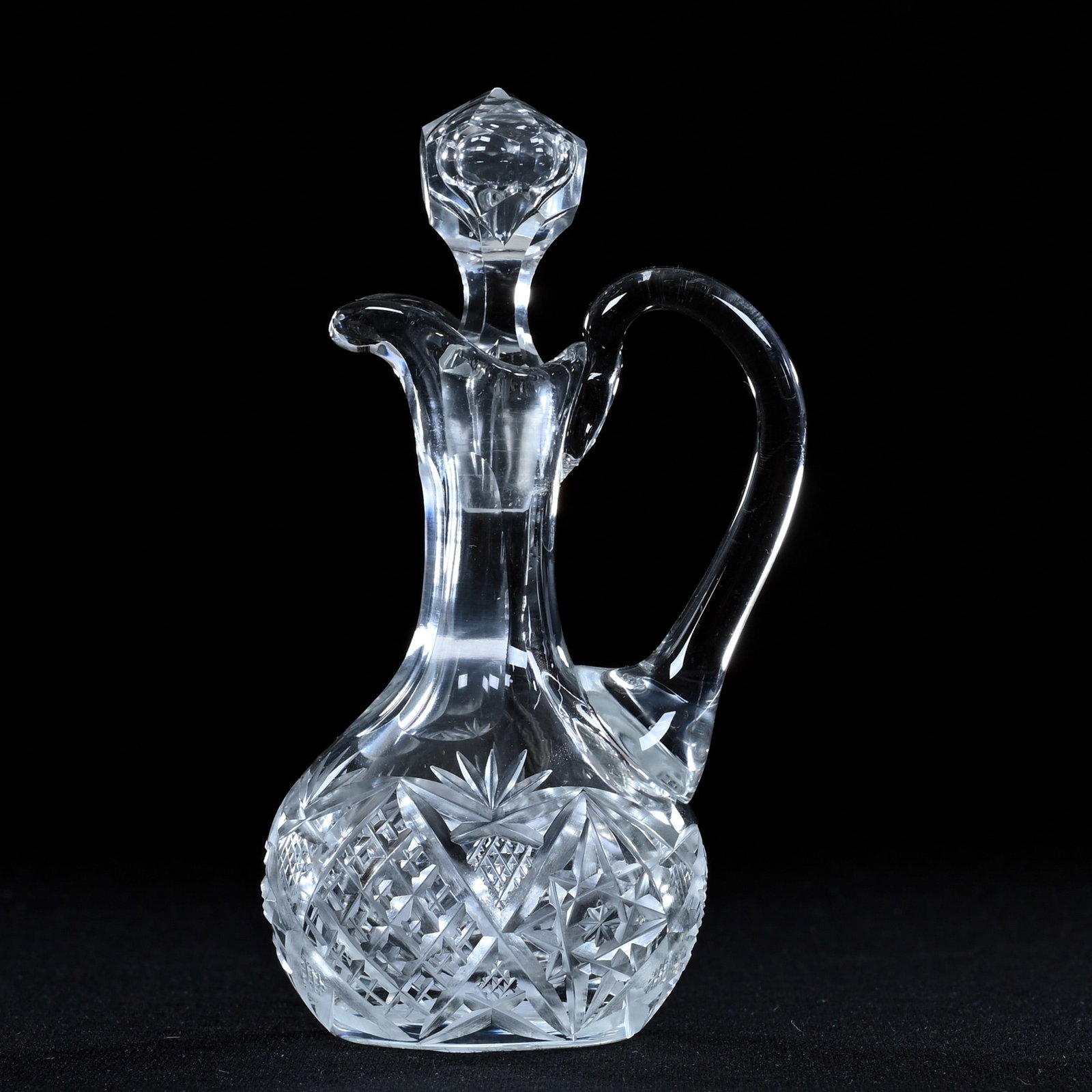 Miniature Cruet Bottle, American Brilliant Cut Glass, Hobstar, Crosscut Diamond, Strawberry Diamond: Miniature Cruet Bottle, American Brilliant Cut Glass, Hobstar, Crosscut Diamond, Strawberry Diamond And Fan Motif, 4.25" x 2.5", Eleanor Eulau Collection.