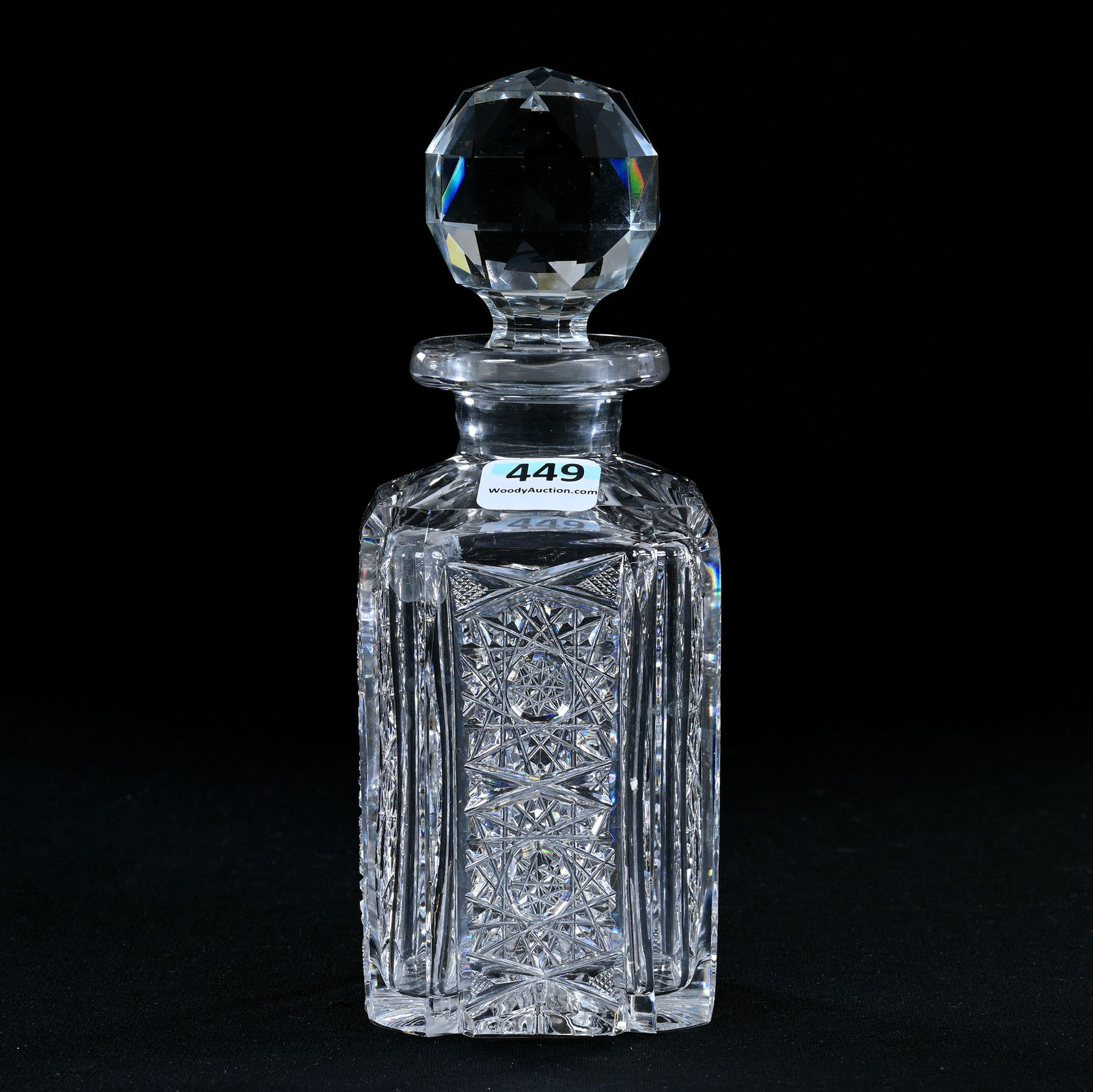 Square Decanter, American Brilliant Cut Glass, Hobstar Panels Alternating With Flat Panels (1 of 3)