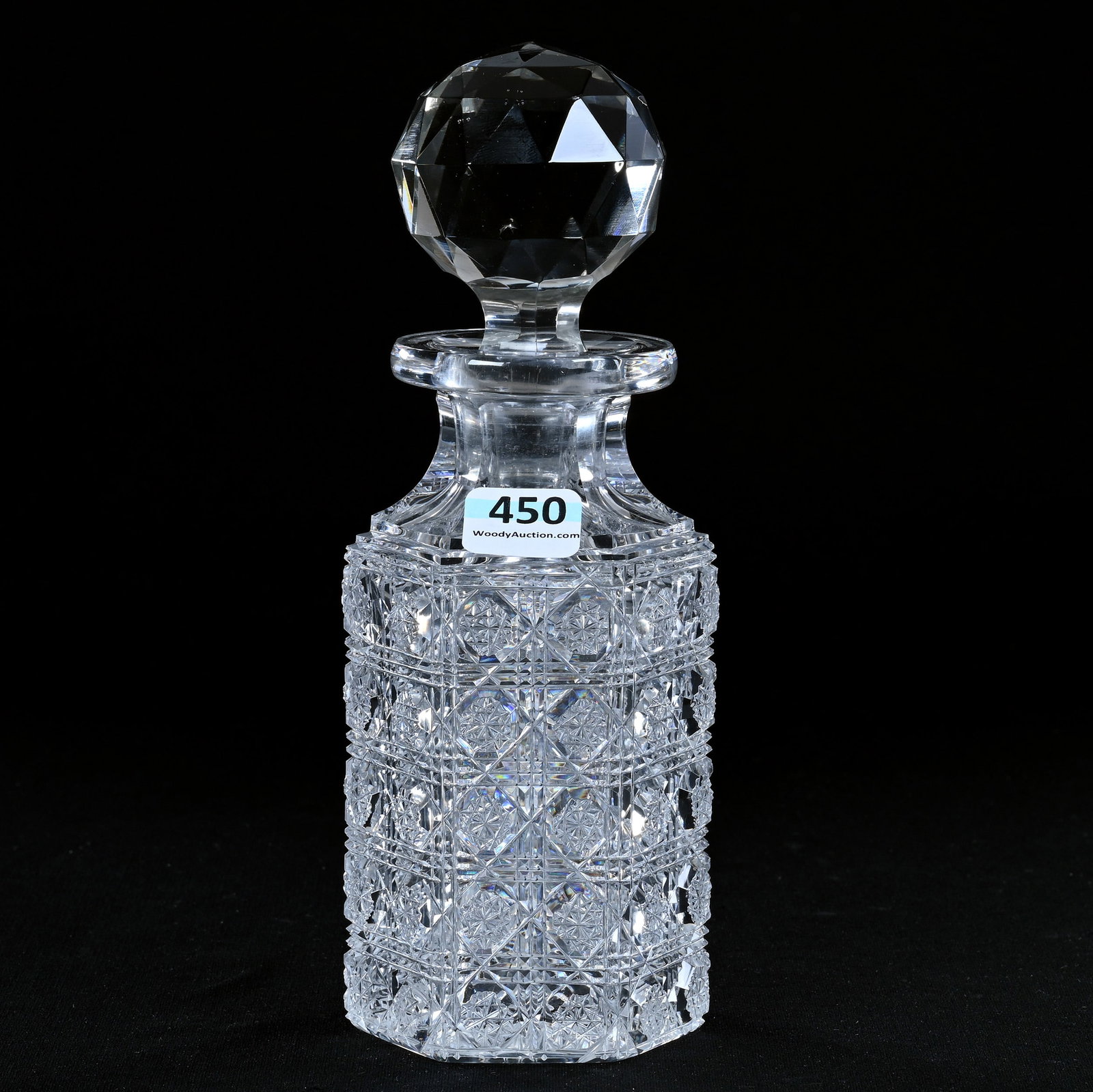 Decanter, Six-Sided, American Brilliant Cut Glass, Triple Miter Pattern: Decanter, Six-Sided, American Brilliant Cut Glass, Triple Miter Pattern, 7.5" x 3", Ray Cut Base, One Hobstar With Small Bruise, Eleanor Eulau Collection.