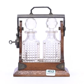 Tantalus Set With Two Square Cologne Bottles, Pattern/Pressed Glass Bottles With Block Design