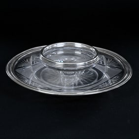 Cheese And Cracker Server, American Brilliant Cut Glass, Hobstar, Strawberry Diamond And Fan Motif