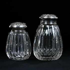 (2) Shakers, American Brilliant Cut Glass, Prism Cut Body, Sterling Silver Tops