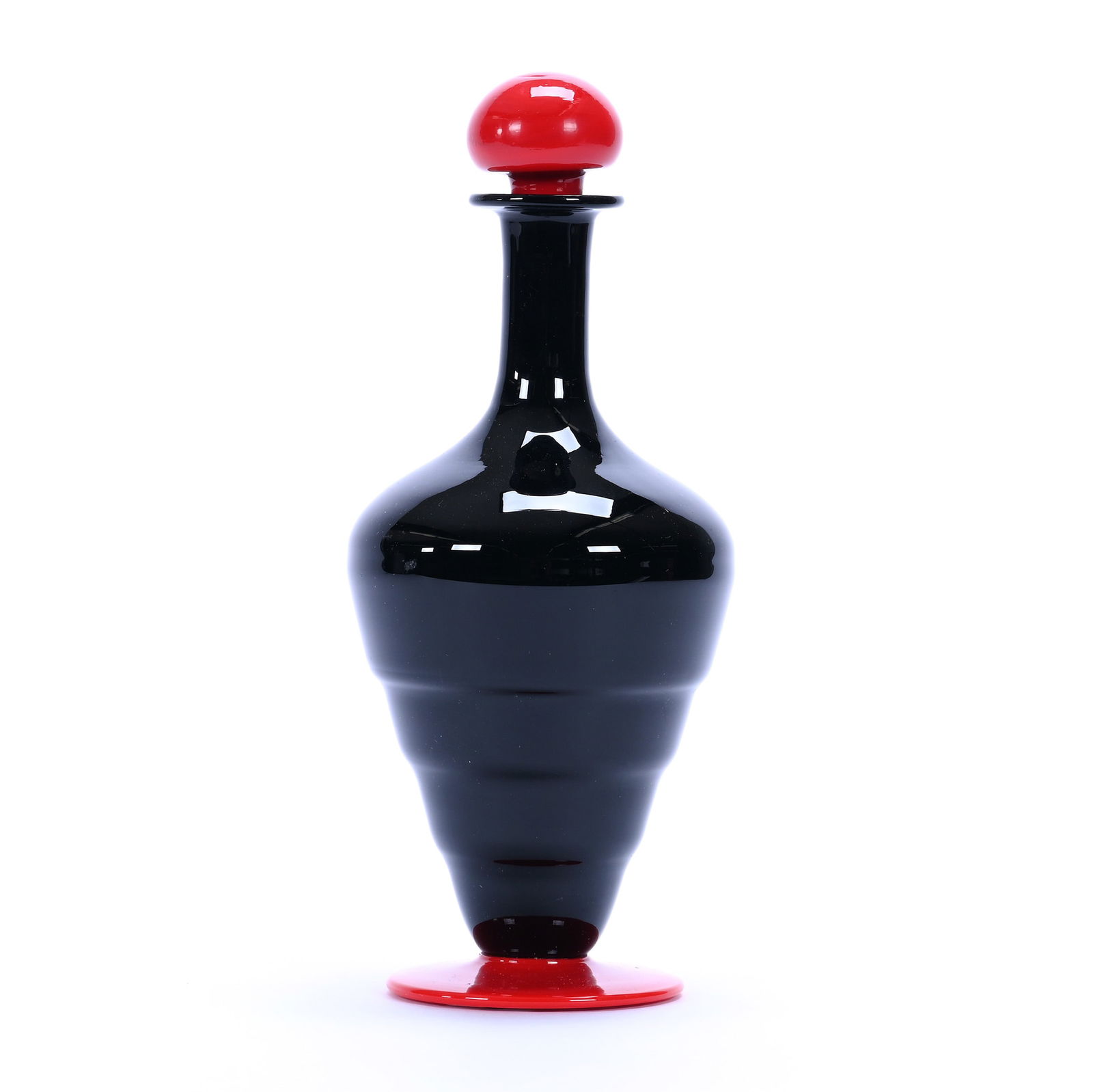 Pedestal Decanter, Unmarked Art Deco Murano Napoleone Martinuzzi Art Glass: Pedestal Decanter, Unmarked Art Deco Murano Napoleone Martinuzzi Art Glass, 8.75" x 3.75", Black Body, Bright Red Foot And Stopper, Kansas Private Collection.