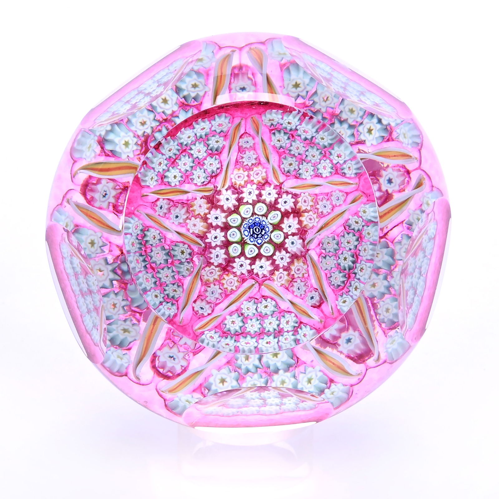 Paperweight Attributed To Caithness White Friars, Dated 1983: Paperweight Attributed To Caithness White Friars, Dated 1983, 3", Limited Edition #59 Of 500, Pink Ground With Millefiori Star Design, Five Facet Cut Windows, J. Quentin Brasted Collection, KS.