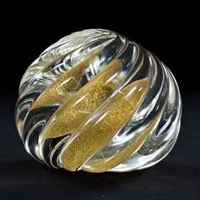 Paperweight, Unmarked Murano, Clear Swirled Ribs, Gold Mica Interior