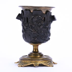 Pedestal Vase, Urn Shape, Embossed Bronze With Solid Brass Fittings