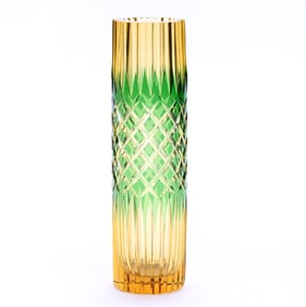 Cylinder Vase, Cut Glass, Two Color Green Cut To Amber