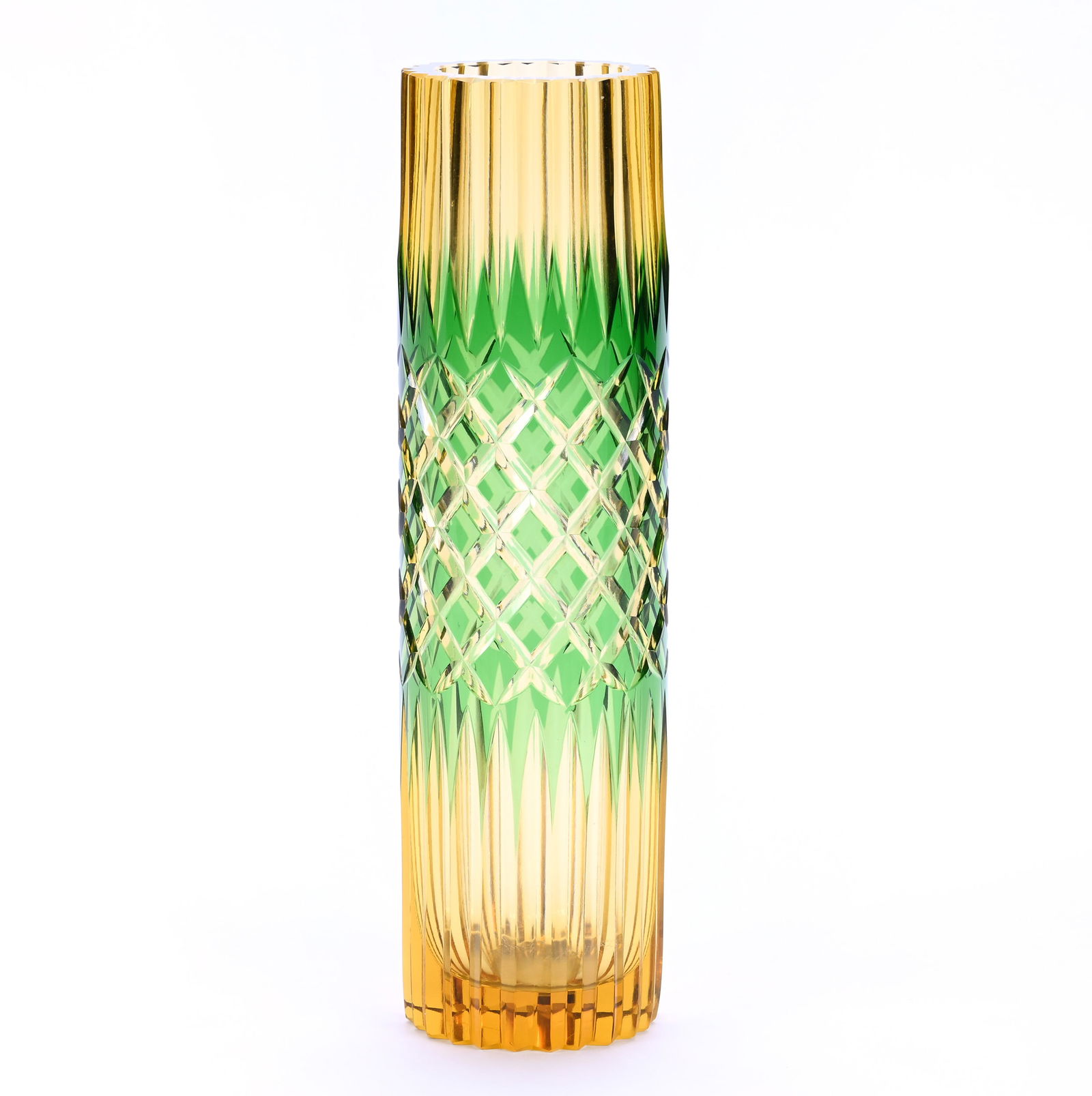 Cylinder Vase, Cut Glass, Two Color Green Cut To Amber (1 of 5)