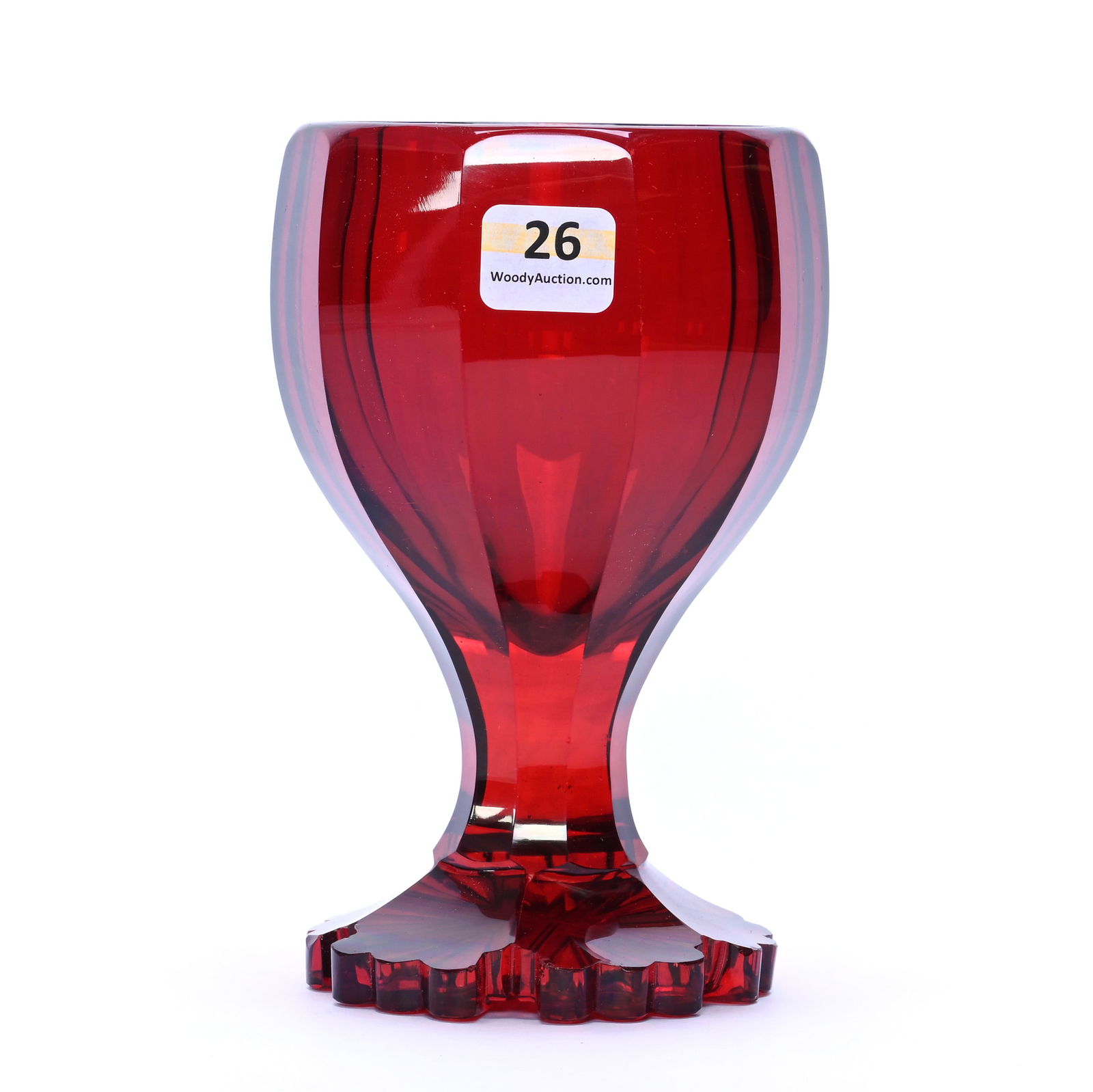 Goblet, Solid Selenium Red Flute Pattern, Attributed To Bohemia: Goblet, Solid Selenium Red Flute Pattern, Attributed To Bohemia, 6" x 3.75", Elaborate Scalloped Foot, Nice Quality, Base Nicks, Kansas Private Collection.